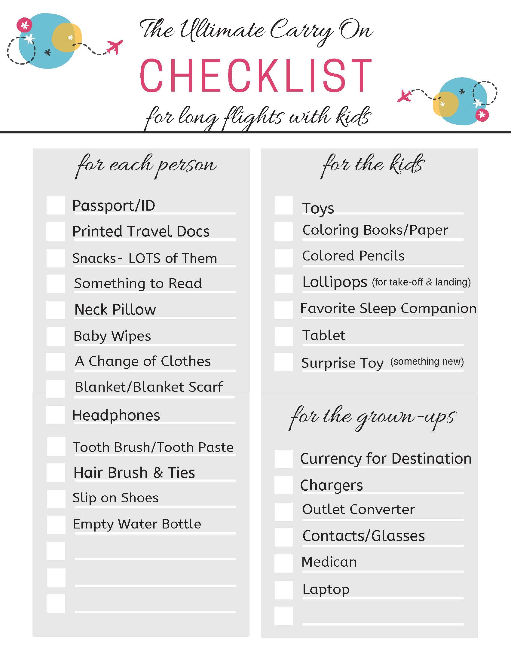 The Ultimate Carry On Checklist For Long Flights With Kids - Ali-ish